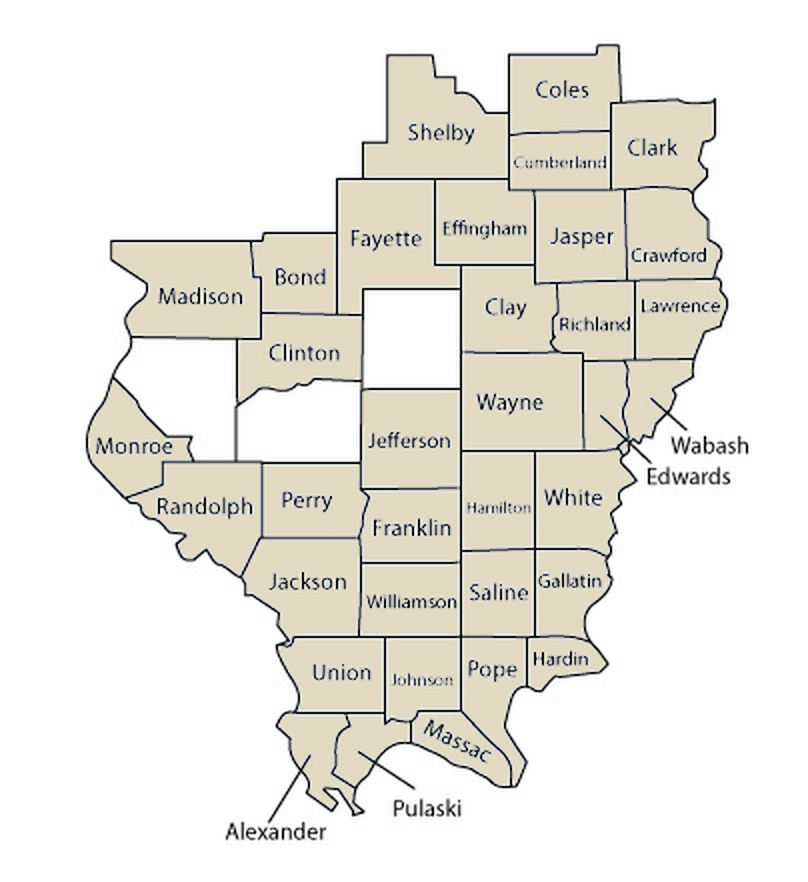 Map of the 35 Southern Illinois counties where United Mutual Insurance is authorized to write policies